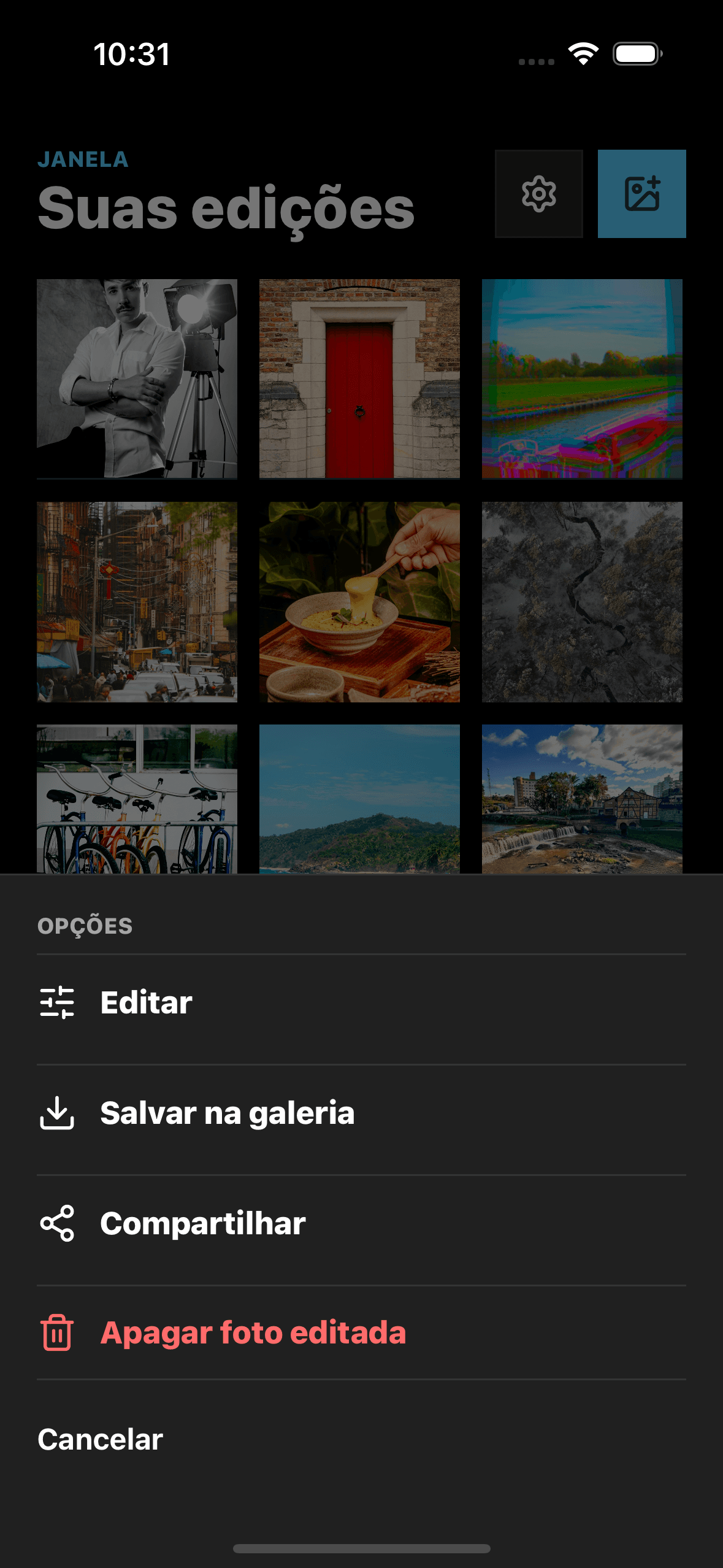 Ações para editar, salvar e compartilhar no Janela