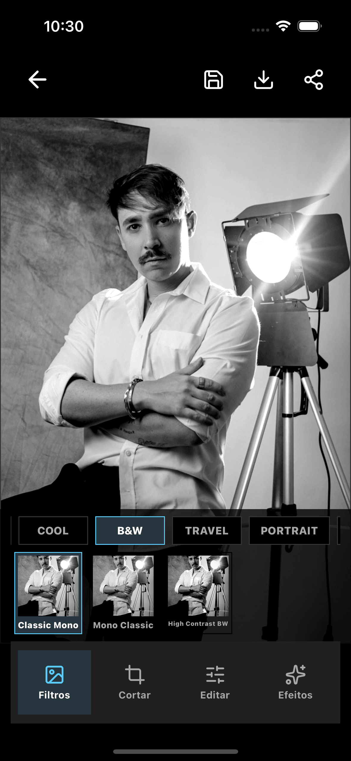 Tela do app Janela com presets preto e branco
